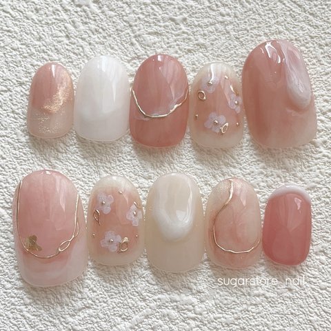 再入荷💓インクフラワーネイルチップ　淡色ニュアンス　ピンク　春夏