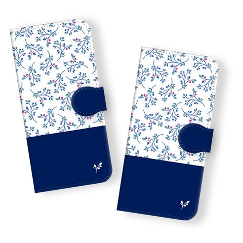 手帳型 floral leaves＊blue　マホケース iPhone11 XR XS Max XS X 8 8Plus 7 7Plus SE Xperia Galaxy ARROWS 多様機種対応
