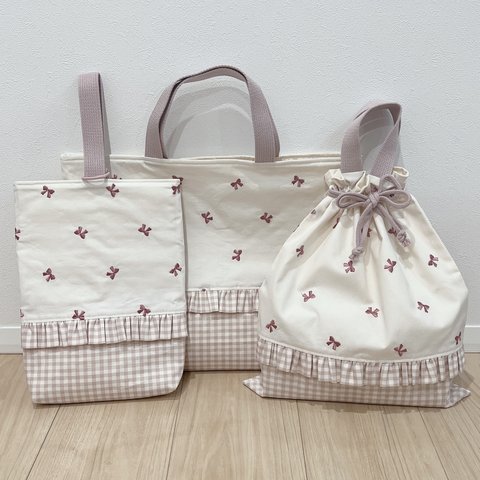 リボン刺繍　レッスンバッグ　上履き入れ　体操着袋　チェック　ピンク　入園セット　入学セット　3点セット