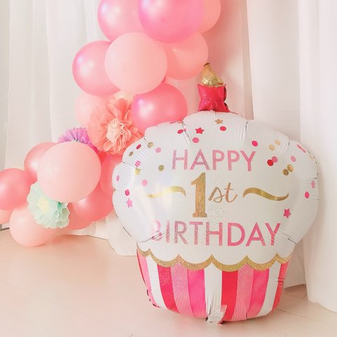 HAPPY 1st BIRTHDAY カップケーキBALLOON ガール 　ハンドポンプ+装飾リボン付