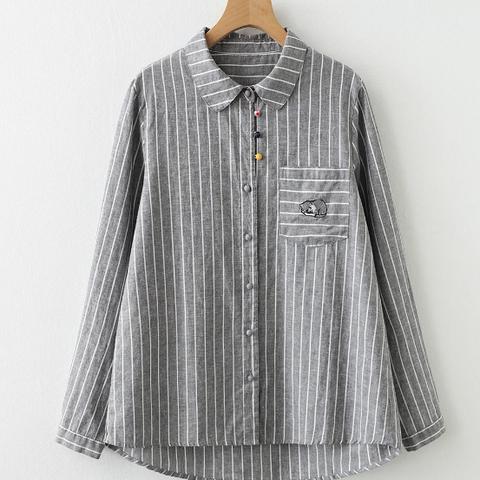 レトロ 刺繍 純綿 長袖 シャツ ゆったり 全綿 ストライプ シャツ
