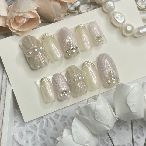 サイズオーダー♡ マグネット×ビジューネイルチップ　ベージュ　size order nail tip