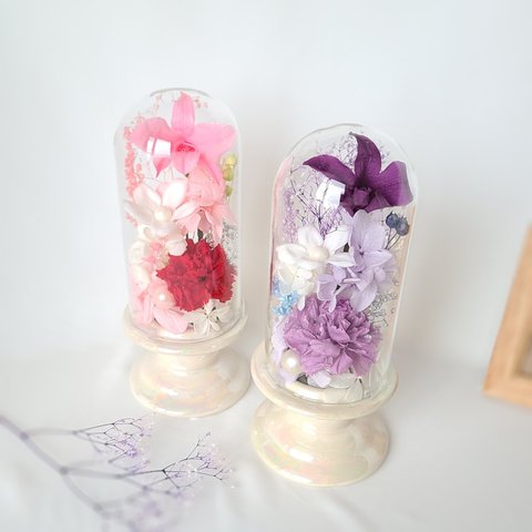 【2色から選べる】高級感のあるデンファレ入りガラスドーム仏花