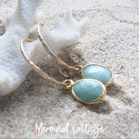  *14kgf*Little Ocean Amazonite Swirl Earrings ☆フレームストーン