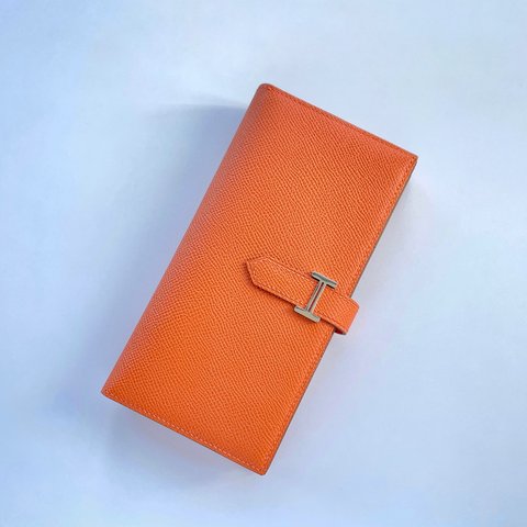 二つ折り　長財布　ベルト付き財布　高級な長財布　ヴォーエプソン/オレンジ【総手縫い】