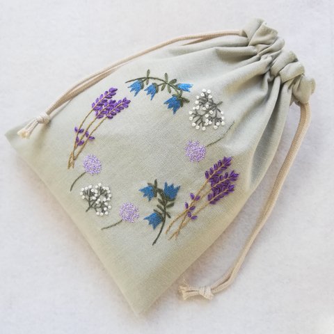 May flower wreath mini pouch (light green)✿刺繍巾着袋コットン100%