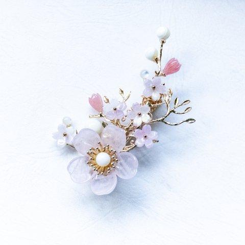 天然石ローズクォーツの桜のかんざし　桜　ヘアクリップ   ヘアアクセサリー　　かんざし