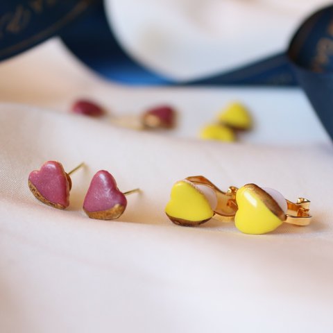 【信楽焼】ハートのチョコレート　シリーズ 陶器　伝統工芸　選べる２種類　ピアス　イヤリング　スタッド　黄色　ピンク　金彩