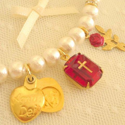 ♡Vintage Cross Cabochon Bracelet♡（Red)