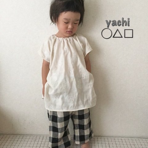 cotton linen チェック ワイドパンツ