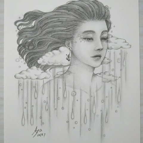 ☆原画・額なし☆ 鉛筆画  雨と女性