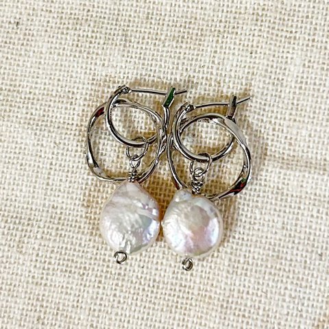 【再々販】mini pearl/高品質 小さめ バロックパール リングモチーフ 着せ替え フープピアス フープイヤリング SILVER