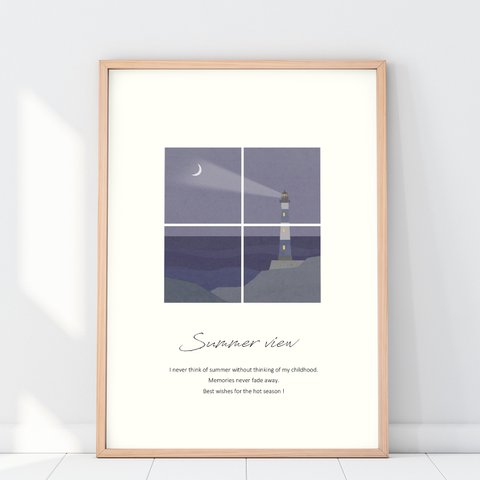 小さな窓からのぞく海辺のポスター／夏・灯台・夕日・海・北欧・インテリアポスター