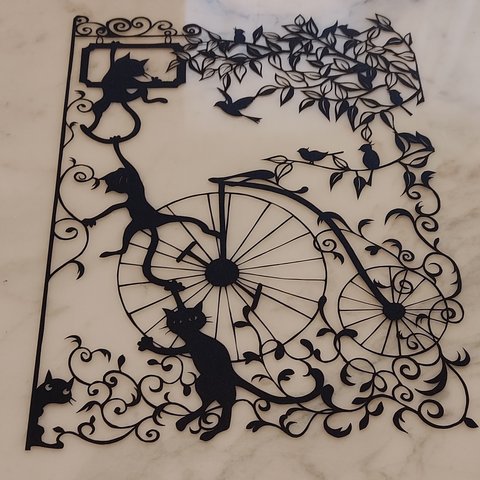 猫と自転車と小鳥の切り絵　原画