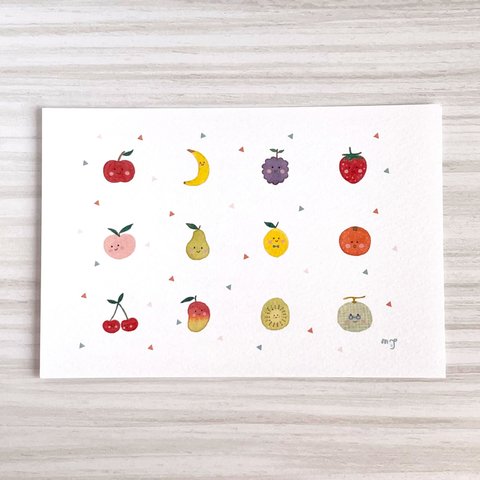 (小) 「くだもの」 ポストカード2枚セット　絵ハガキ　かわいい　癒し　インテリア　おしゃれ　果物　くだもの　フルーツ