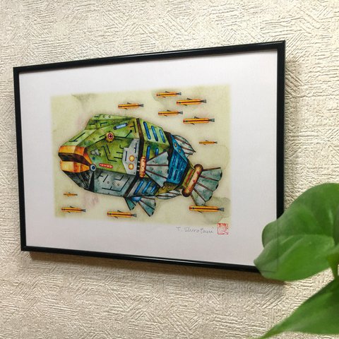 『機械仕掛けのメガネモチノウオ』デジタル版画 / A4サイズ　（作品のみ） 魚 水彩画 イラスト ファンタジック インテリア