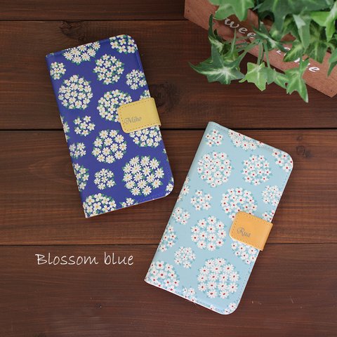 【名入れ可能iPhoneケース 】Blossom Blue ★ iPhoneほぼ全機種対応 手帳型スマホケース 