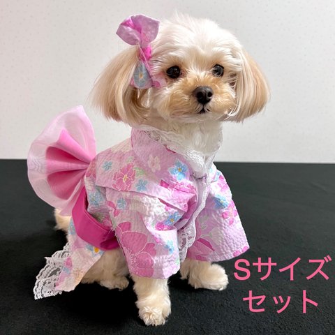 【犬・猫用】犬浴衣　ラブリー　フラワー　桜　Sサイズ　犬リボン　セット