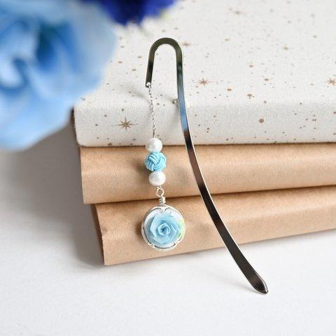 小さな額縁ブックマーカー　つまみ細工の薔薇　水色/Small Frame Bookmark Tsumamizaiku Rose Light Blue