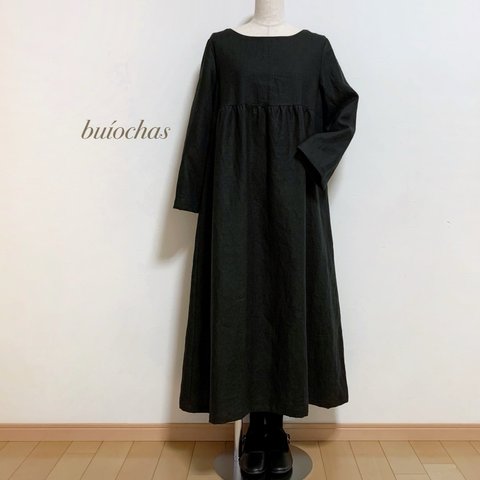 リネン 胸元切り替えワンピース(black)