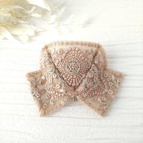 インド刺繍 ポニーフック 折りたたみ リボン ベビーピンク ヘアアクセサリー 髪飾り EU-66