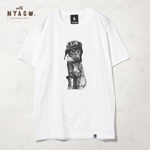 with NYAGO Tシャツ 半袖 猫 グラフィックシャツ tシャツ［ パイロット ソラちゃん キジトラ おすまし モノクロ 1013 ］