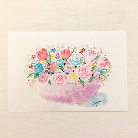 🌹「花盛り」 水彩画イラストポストカード2枚セット　バラ　チューリップ 🌹