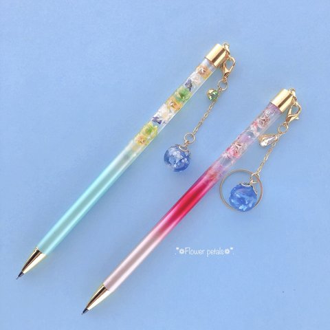 ゆらゆら揺れる空玉チャーム 2本セット ハーバリウムシャーペン (レジン)-シャンパンピンク,緑色-