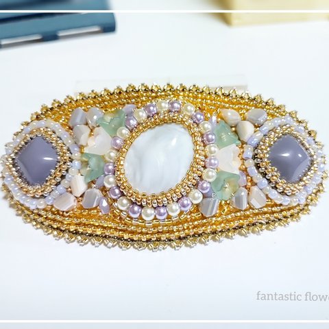 ビーズ刺繍 バレッタ グレー フラワー ゴールド【fa2-0299】fantastic flowery