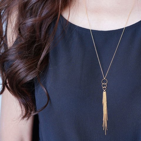 【14KGF】Linked Circle,Chain Tassel Long Necklace