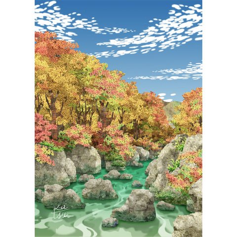 「秋の渓谷」　紅葉　渓流　うろこ雲　水彩　切り絵