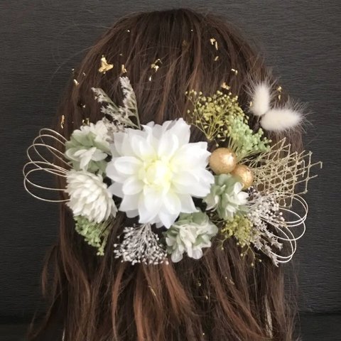 成人式　結婚式　卒業式　和装　洋装　髪飾り　ボタニカル  グリーン　金箔　プリザーブドフラワー　水引