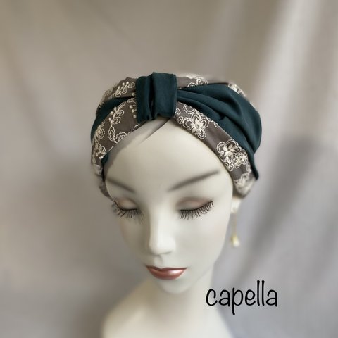 🌟capella🌟《再販》グレイジュ刺繍とフワッとブルーグリーンの幅広ターバン　capellaオリジナル 何通りも楽しめる♪