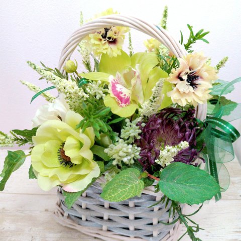 母の日 造花 カゴ アレンジメント スモール ボタニカル フラワー グリーン