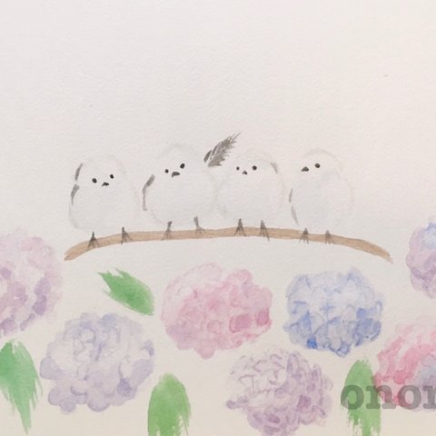 【原画】水彩画　シマエナガとあじさい