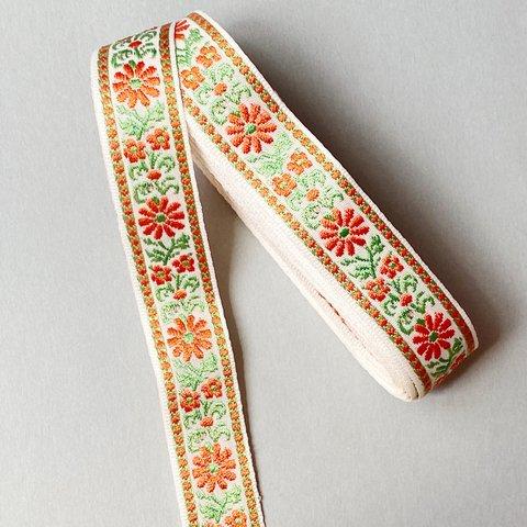 【30cm】　刺繍のリボンテープ　オレンジフラワー　ハンドメイド素材　ハンドメイドパーツ