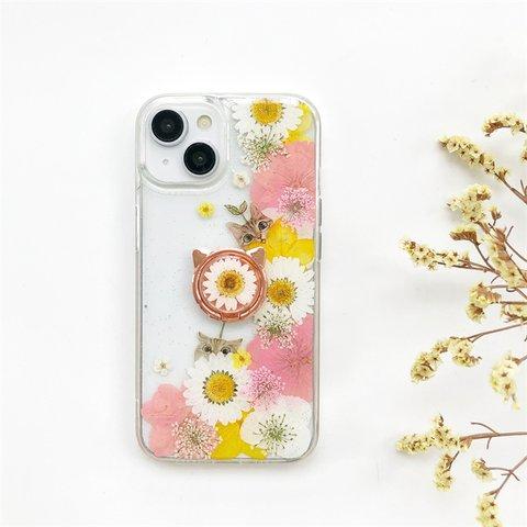 猫と桜 スマホリング iPhone14Pro/SE/Xperia10IV/GALAXYS22 押し花ケース スマホケース