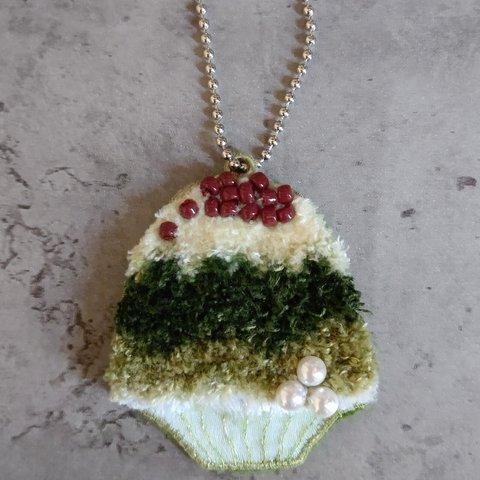 手刺繍キーホルダー 【おやつのじかん】かき氷  白玉抹茶ミルク