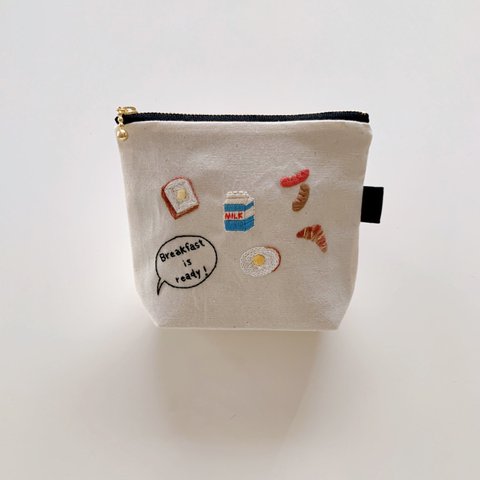 【手刺繍】朝ごはん刺繍のファスナーポーチ【14cmファスナー】マチ付き