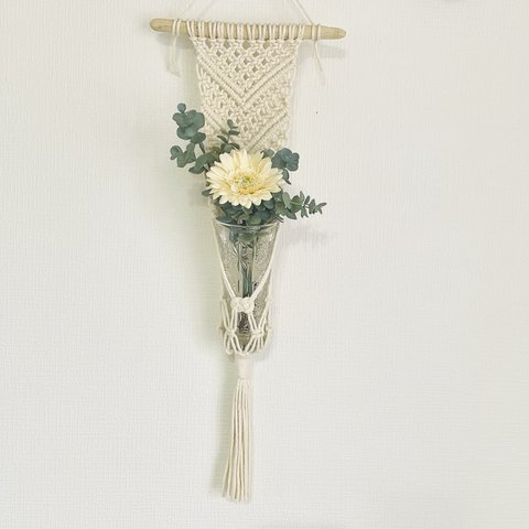 天然流木使用　マクラメ編み壁掛けタペストリー風花瓶ホルダー②