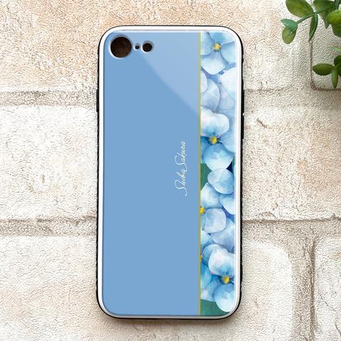 梅雨の紫陽花のガラススマホケース（薄青） 強化ガラス iphone14 iphone12 アジサイ スマホケース 梅雨 iphone15 iphone13