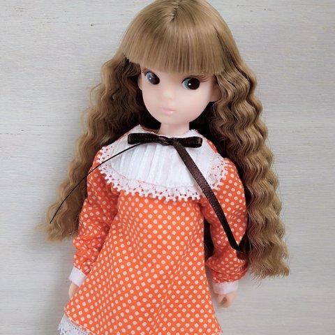 再546.【復刻版初代リカちゃん】オレンジの水玉のレトロワンピース※リカちゃん アウトフィット※リカちゃん 服