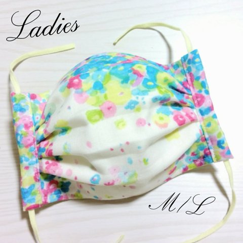 【柄モノ均一SALE♡】選べるゴムタイプ♪小花×水彩☆立体プリーツガーゼマスク(Ｍ/Ｌ)レディース