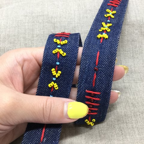 T2665-0  ビーズ刺繍 デニムテープ 1m