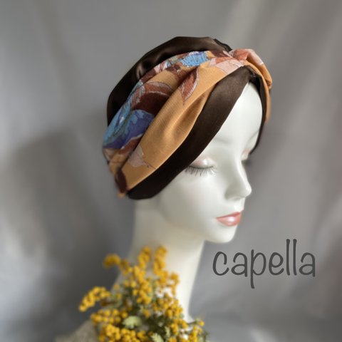 ⭐️capella⭐️チョコレート色サテンとスイス製コットン•*¨*•.¸¸♪大人のターバン　capellaオリジナルデザイン