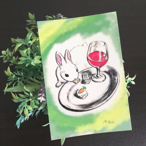 うさぎのポストカード　3枚セット　②ワインとにんじんビスケット　　 Art_Mao