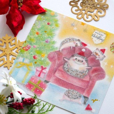 【複製画】「ハリネズミの楽しいクリスマスパーティー」　パステルアート　イラスト