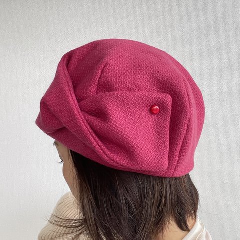 【受注製作】ピンクのリボンベレー ベレー帽 冬のベレー帽 ツイード