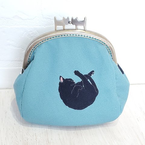 猫柄オリジナルプリント　ネコひねりのがま口　👛(ブルー)