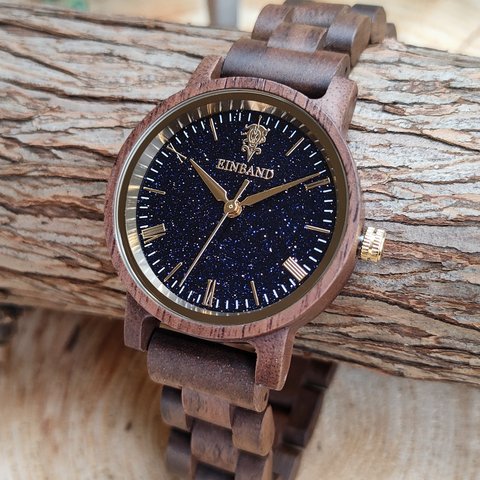 【木製腕時計】EINBAND Reise『夜空の文字盤』ブルーサンドストーン × Walnut 【32mm】